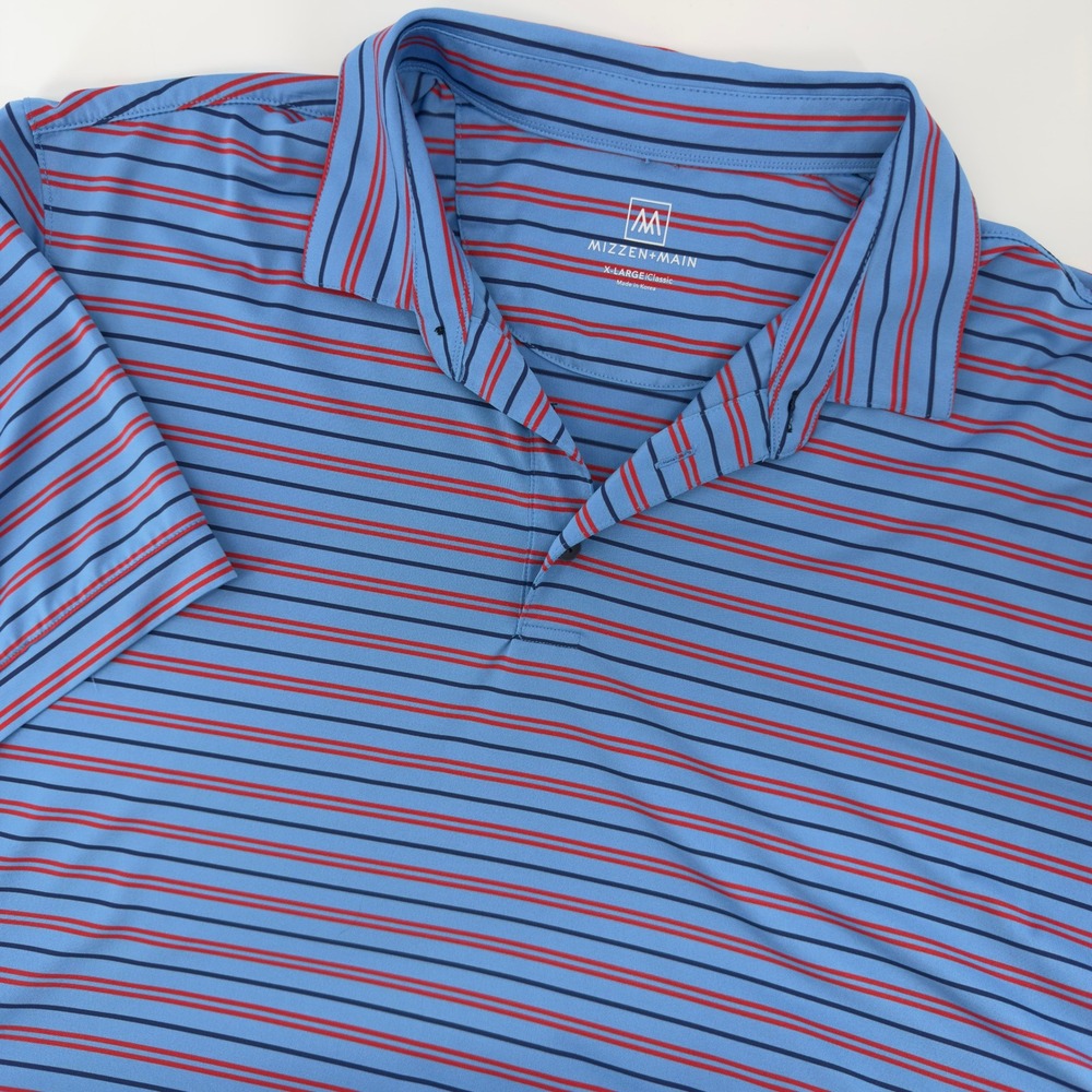 Mizzen+Main Mens XL Classic Fit Performance Polo Shirt Blue Red Striped Golf